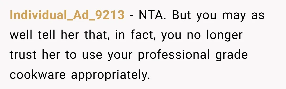 Individual_Ad_9213 − NTA. But you may as well tell her that, in fact, you no longer trust her to use your professional grade cookware appropriately.