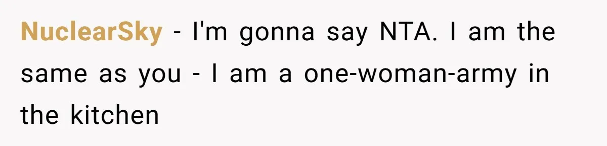 NuclearSky − I'm gonna say NTA. I am the same as you - I am a one-woman-army in the kitchen
