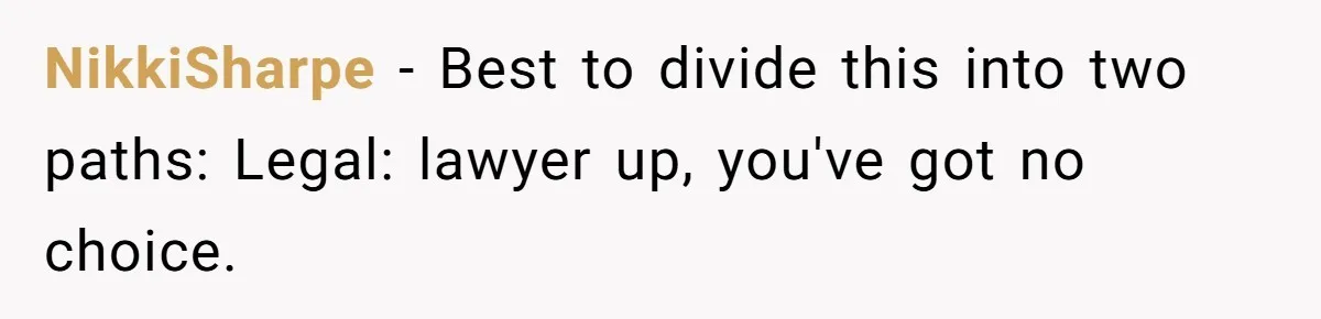 NikkiSharpe − Best to divide this into two paths: Legal: lawyer up, you've got no choice.
