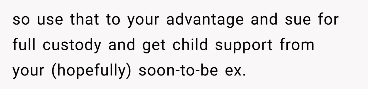 so use that to your advantage and sue for full custody and get child support from your (hopefully) soon-to-be ex.