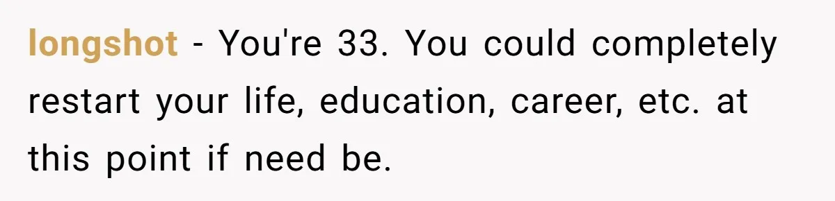 longshot − You're 33. You could completely restart your life, education, career, etc. at this point if need be.