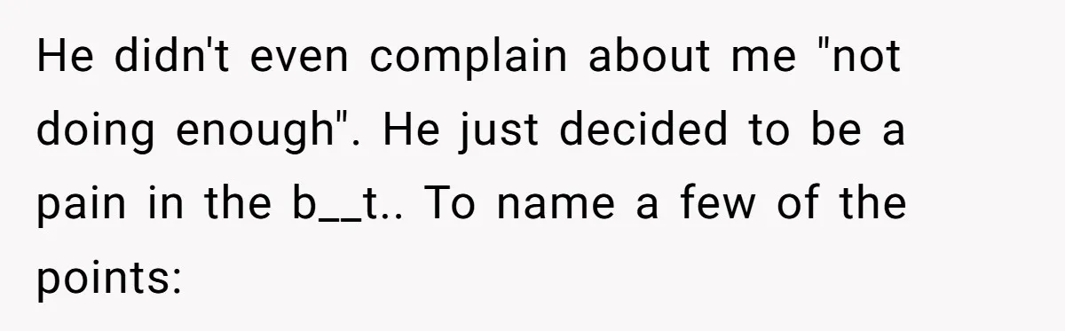 He didn't even complain about me "not doing enough". He just decided to be a pain in the b__t.. To name a few of the points: