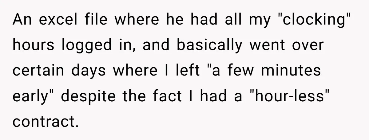 An excel file where he had all my "clocking" hours logged in, and basically went over certain days where I left "a few minutes early" despite the fact I had...