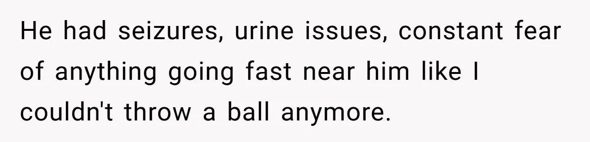 He had seizures, urine issues, constant fear of anything going fast near him like I couldn't throw a ball anymore.