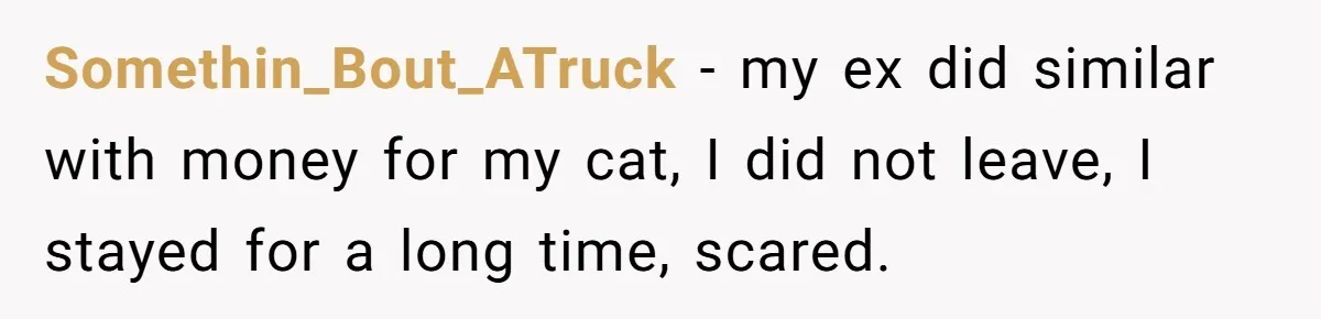 Somethin_Bout_ATruck − my ex did similar with money for my cat, I did not leave, I stayed for a long time, scared.