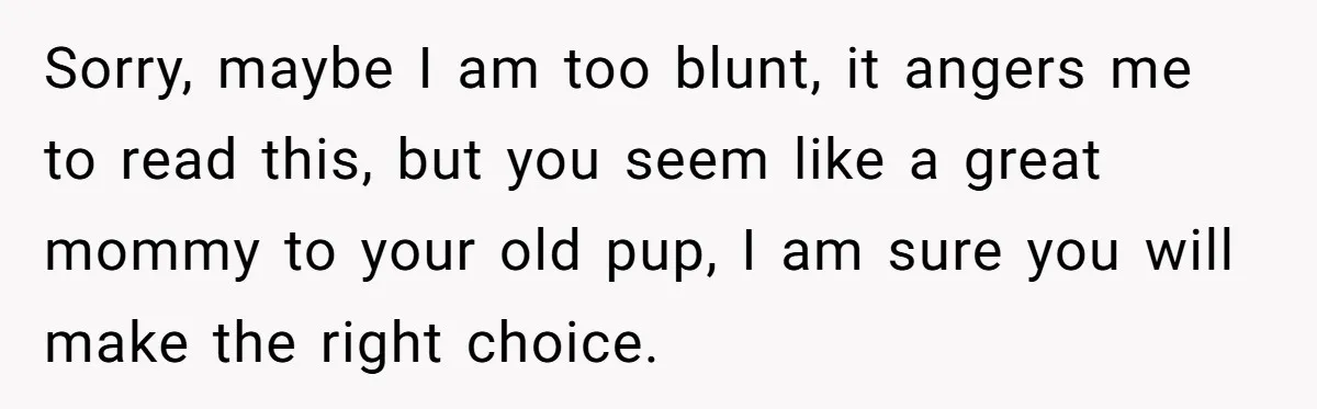 Sorry, maybe I am too blunt, it angers me to read this, but you seem like a great mommy to your old pup, I am sure you will make the...