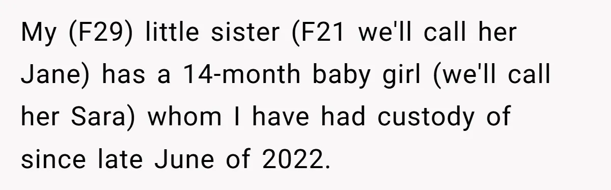 My (F29) little sister (F21 we'll call her Jane) has a 14-month baby girl (we'll call her Sara) whom I have had custody of since late June of 2022.