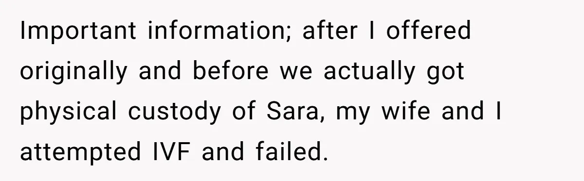 Important information; after I offered originally and before we actually got physical custody of Sara, my wife and I attempted IVF and failed.
