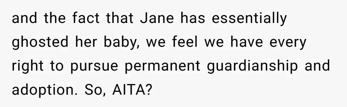 and the fact that Jane has essentially ghosted her baby, we feel we have every right to pursue permanent guardianship and adoption. So, AITA?