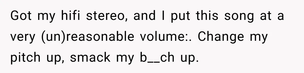 Got my hifi stereo, and I put this song at a very (un)reasonable volume:. Change my pitch up, smack my b__ch up.