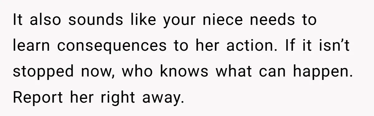 It also sounds like your niece needs to learn consequences to her action. If it isn’t stopped now, who knows what can happen. Report her right away.