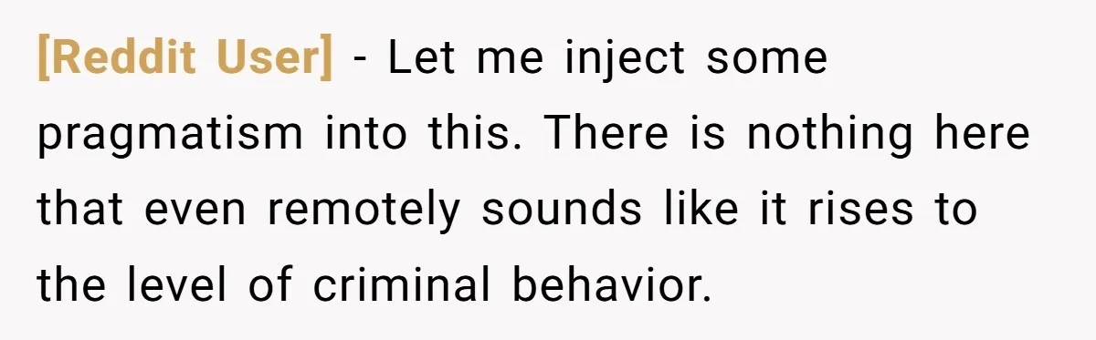 [Reddit User] − Let me inject some pragmatism into this. There is nothing here that even remotely sounds like it rises to the level of criminal behavior.