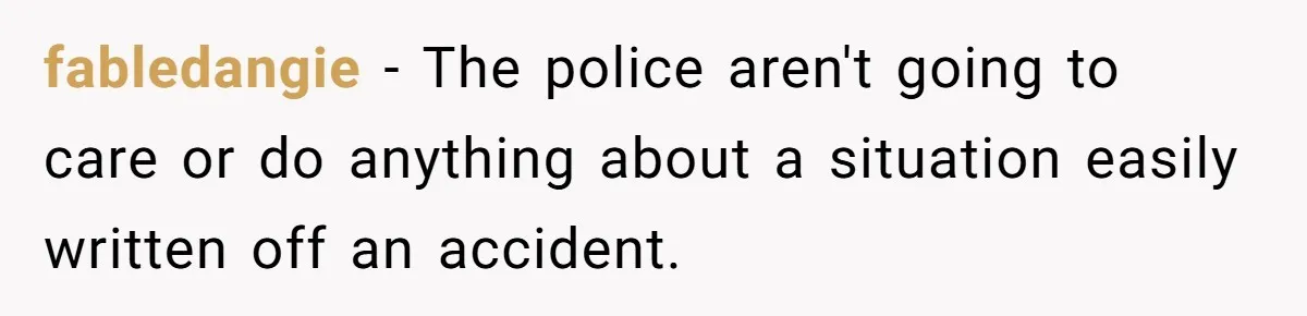 fabledangie − The police aren't going to care or do anything about a situation easily written off an accident.