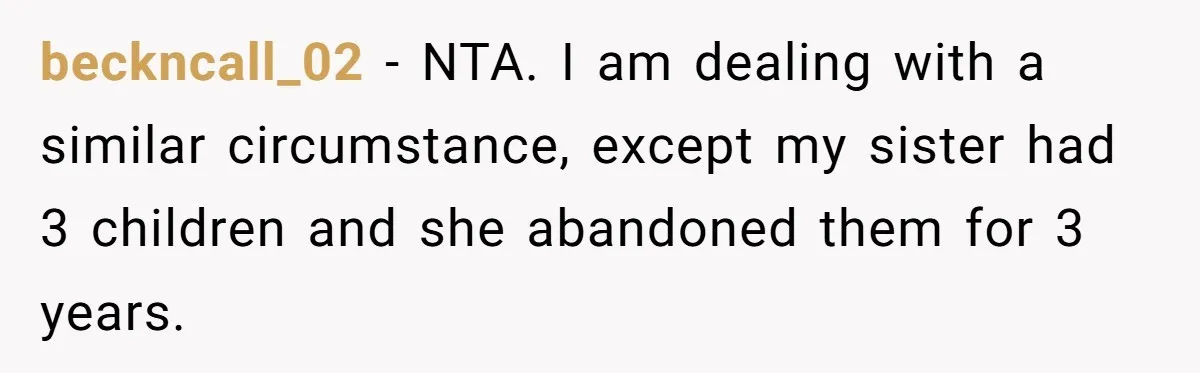 beckncall_02 − NTA. I am dealing with a similar circumstance, except my sister had 3 children and she abandoned them for 3 years.