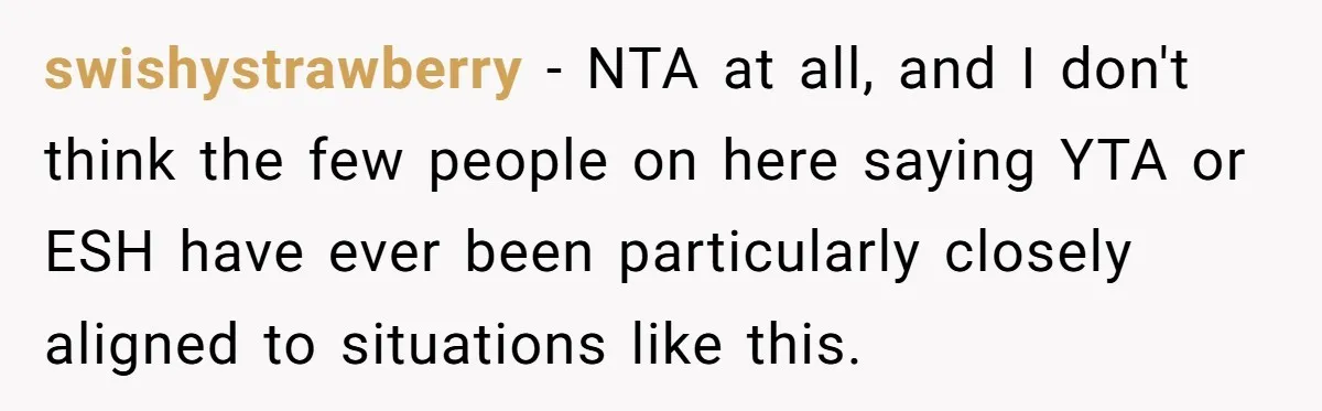 swishystrawberry − NTA at all, and I don't think the few people on here saying YTA or ESH have ever been particularly closely aligned to situations like this.
