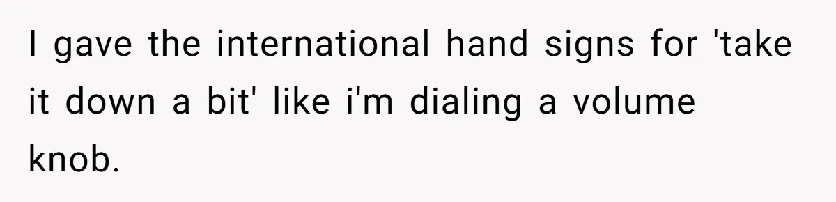 I gave the international hand signs for 'take it down a bit' like i'm dialing a volume knob.