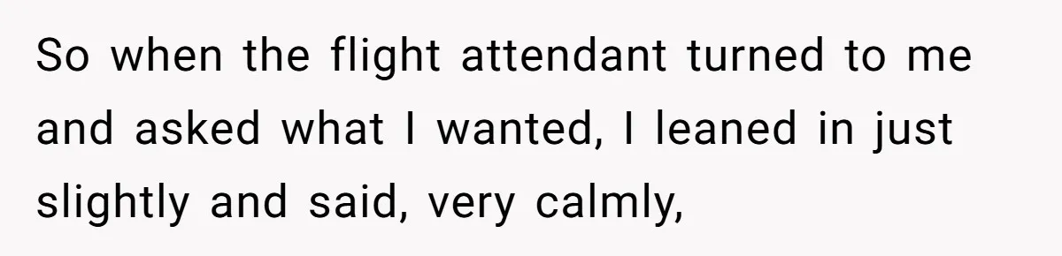 So when the flight attendant turned to me and asked what I wanted, I leaned in just slightly and said, very calmly,