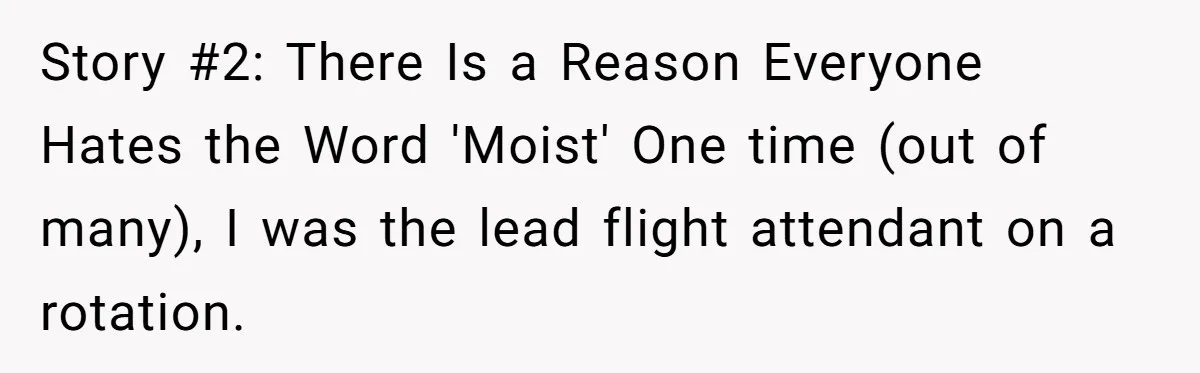 Story #2: There Is a Reason Everyone Hates the Word 'Moist' One time (out of many), I was the lead flight attendant on a rotation.