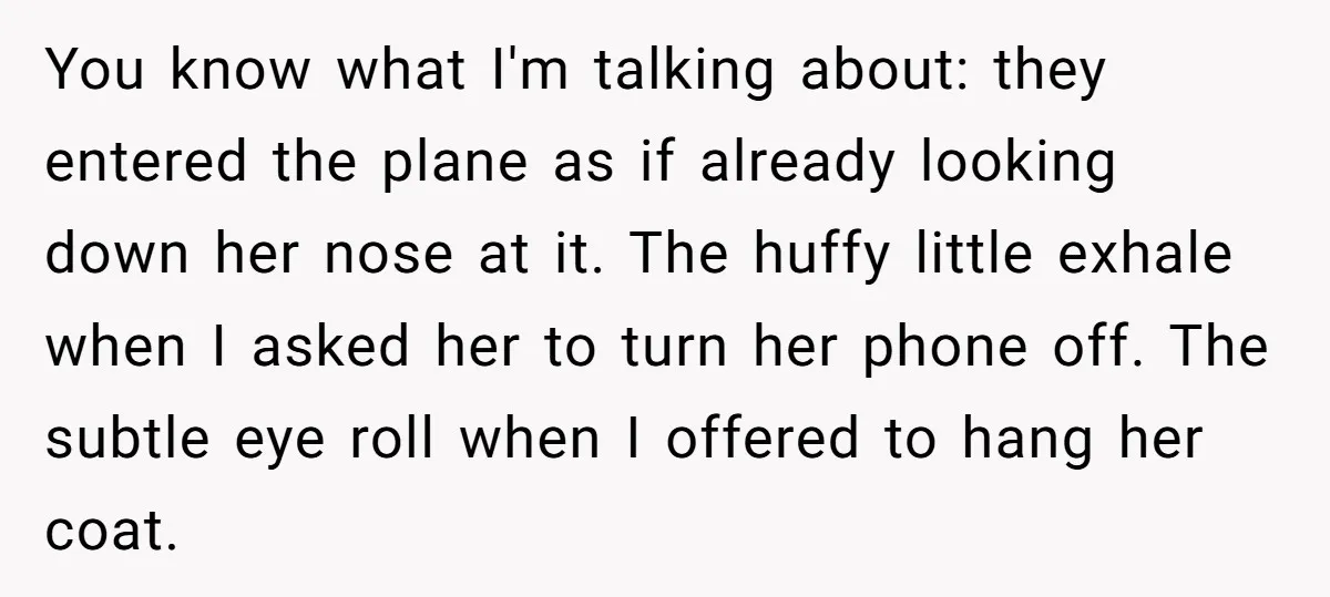 You know what I'm talking about: they entered the plane as if already looking down her nose at it. The huffy little exhale when I asked her to turn her...