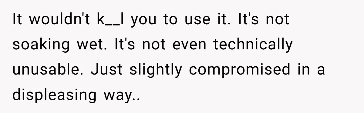 It wouldn't k__l you to use it. It's not soaking wet. It's not even technically unusable. Just slightly compromised in a displeasing way..