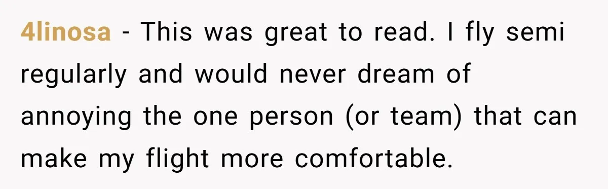 4linosa − This was great to read. I fly semi regularly and would never dream of annoying the one person (or team) that can make my flight more comfortable.