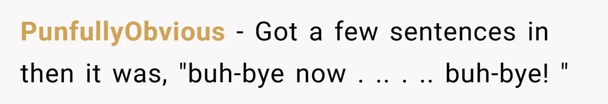 PunfullyObvious − Got a few sentences in then it was, "buh-bye now . .. . .. buh-bye! "