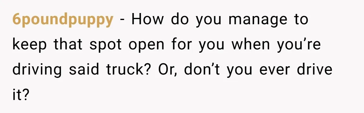 6poundpuppy − How do you manage to keep that spot open for you when you’re driving said truck? Or, don’t you ever drive it?