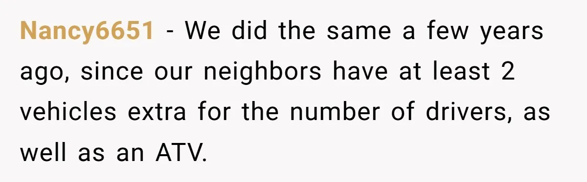 Nancy6651 − We did the same a few years ago, since our neighbors have at least 2 vehicles extra for the number of drivers, as well as an ATV.