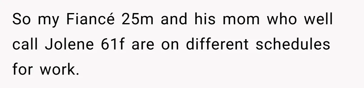 So my Fiancé 25m and his mom who well call Jolene 61f are on different schedules for work.
