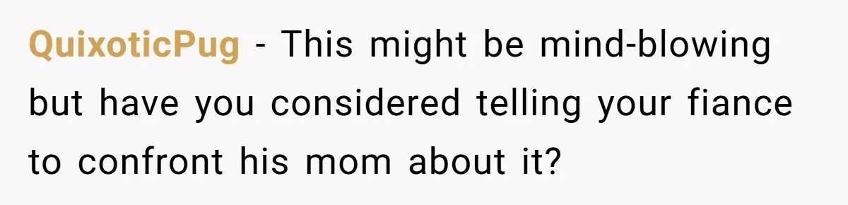 QuixoticPug − This might be mind-blowing but have you considered telling your fiance to confront his mom about it?