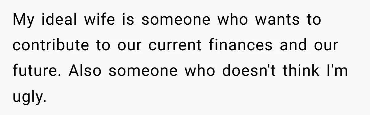 My ideal wife is someone who wants to contribute to our current finances and our future. Also someone who doesn't think I'm ugly.