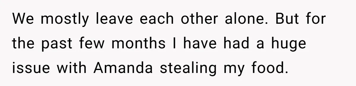 We mostly leave each other alone. But for the past few months I have had a huge issue with Amanda stealing my food.