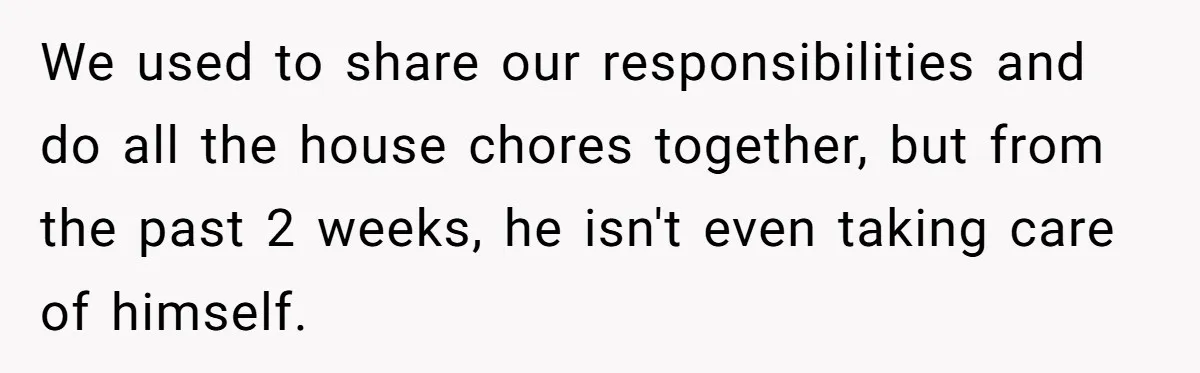 We used to share our responsibilities and do all the house chores together, but from the past 2 weeks, he isn't even taking care of himself.