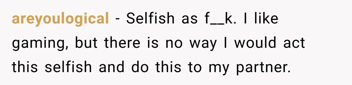 areyoulogical − Selfish as f__k. I like gaming, but there is no way I would act this selfish and do this to my partner.