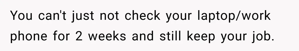 You can't just not check your laptop/work phone for 2 weeks and still keep your job.