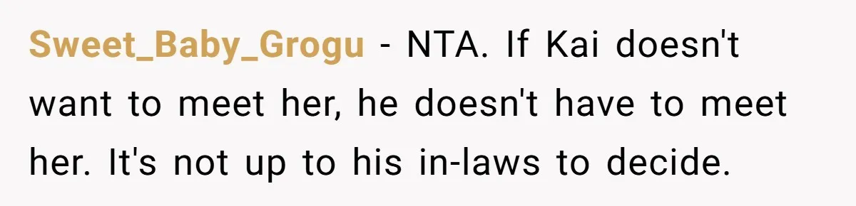 Sweet_Baby_Grogu − NTA. If Kai doesn't want to meet her, he doesn't have to meet her. It's not up to his in-laws to decide.