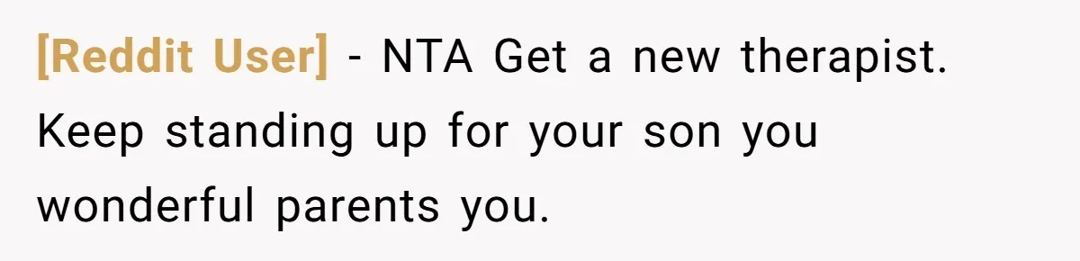 [Reddit User] − NTA Get a new therapist. Keep standing up for your son you wonderful parents you.