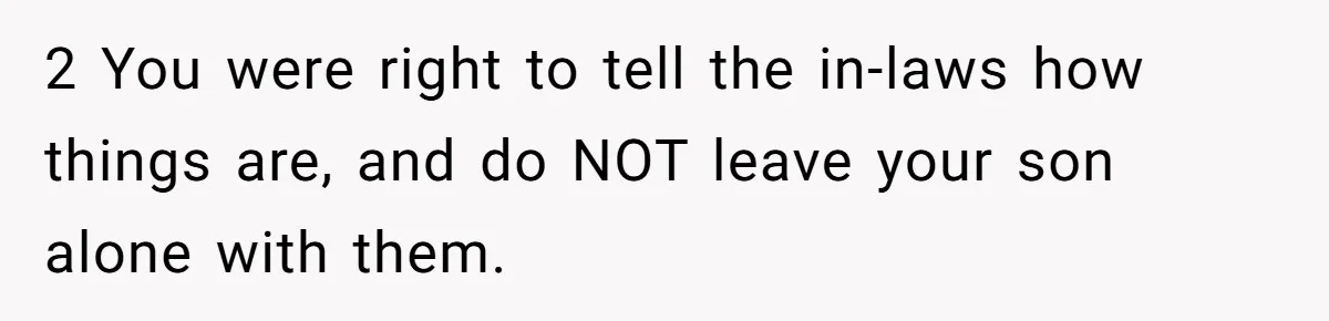 2 You were right to tell the in-laws how things are, and do NOT leave your son alone with them.