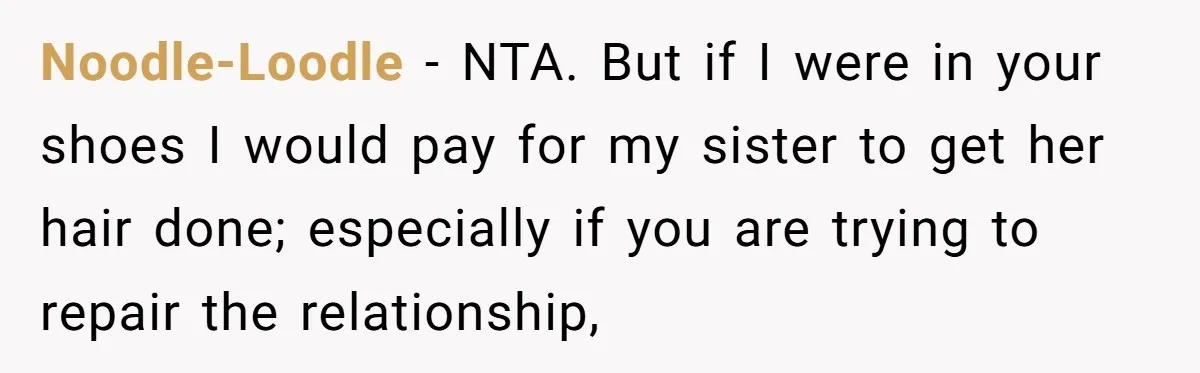 Noodle-Loodle − NTA. But if I were in your shoes I would pay for my sister to get her hair done; especially if you are trying to repair the relationship,