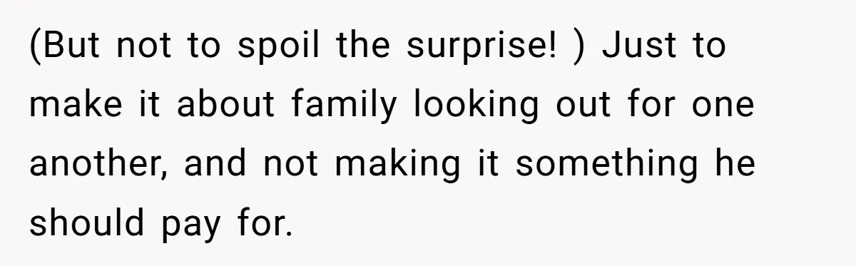 (But not to spoil the surprise! ) Just to make it about family looking out for one another, and not making it something he should pay for.