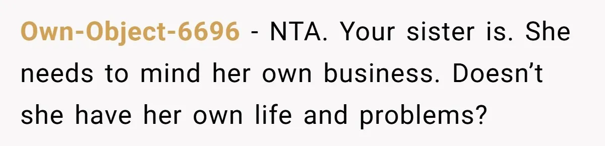 Own-Object-6696 − NTA. Your sister is. She needs to mind her own business. Doesn’t she have her own life and problems?