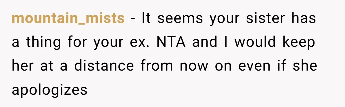 mountain_mists − It seems your sister has a thing for your ex. NTA and I would keep her at a distance from now on even if she apologizes