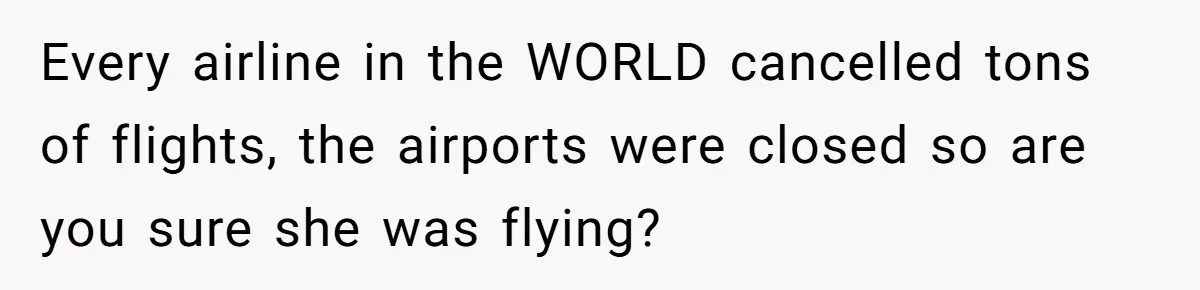 Every airline in the WORLD cancelled tons of flights, the airports were closed so are you sure she was flying?