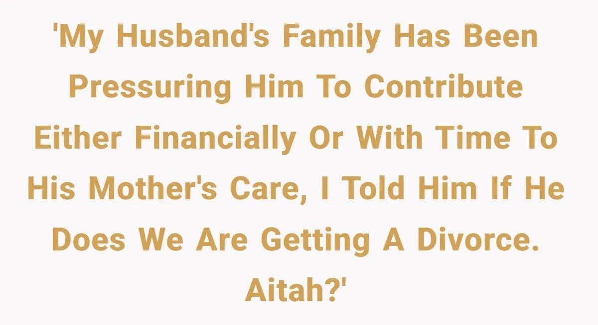 'My husband's family has been pressuring him to contribute either financially or with time to his mother's care, I told him if he does we are getting a divorce. AITAH?'