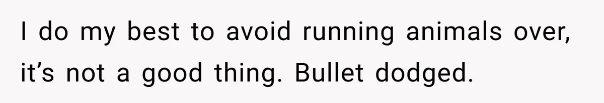 I do my best to avoid running animals over, it’s not a good thing. Bullet dodged.