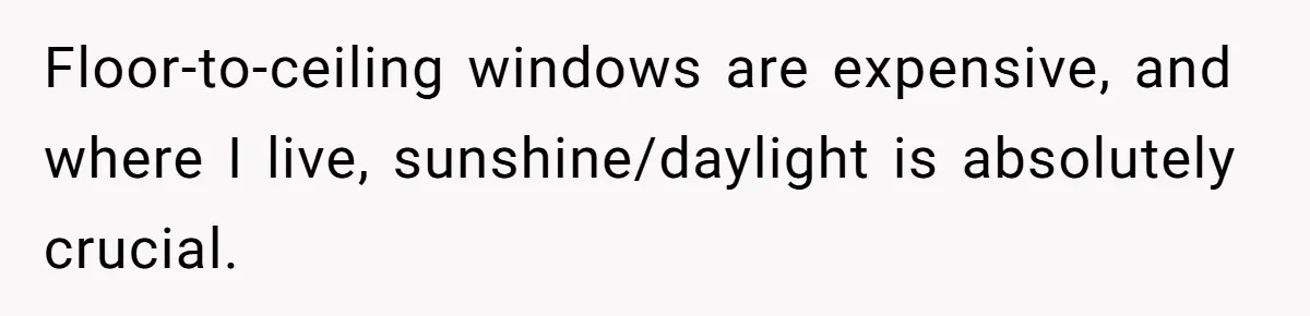 Floor-to-ceiling windows are expensive, and where I live, sunshine/daylight is absolutely crucial.