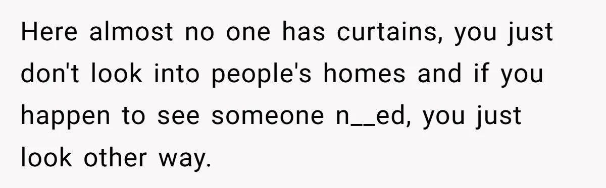 Here almost no one has curtains, you just don't look into people's homes and if you happen to see someone n__ed, you just look other way.
