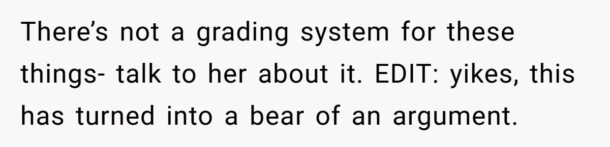 There’s not a grading system for these things- talk to her about it. EDIT: yikes, this has turned into a bear of an argument.