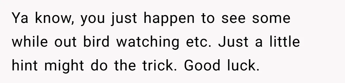 Ya know, you just happen to see some while out bird watching etc. Just a little hint might do the trick. Good luck.