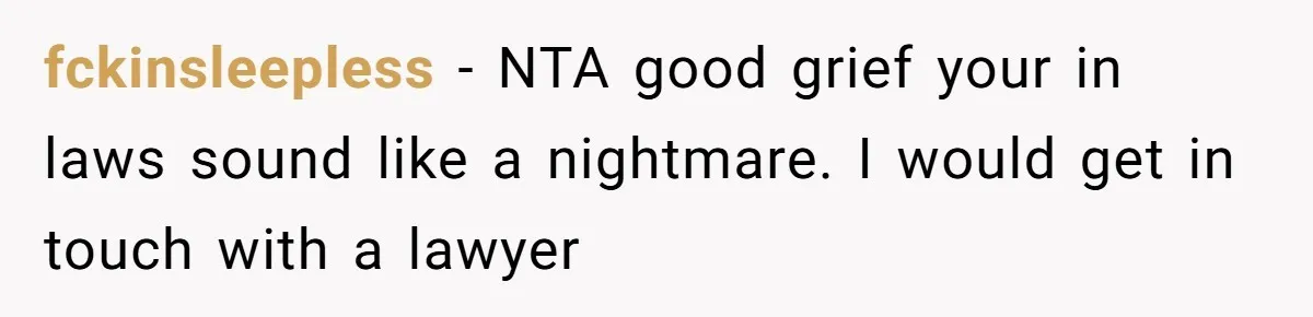 fckinsleepless − NTA good grief your in laws sound like a nightmare. I would get in touch with a lawyer